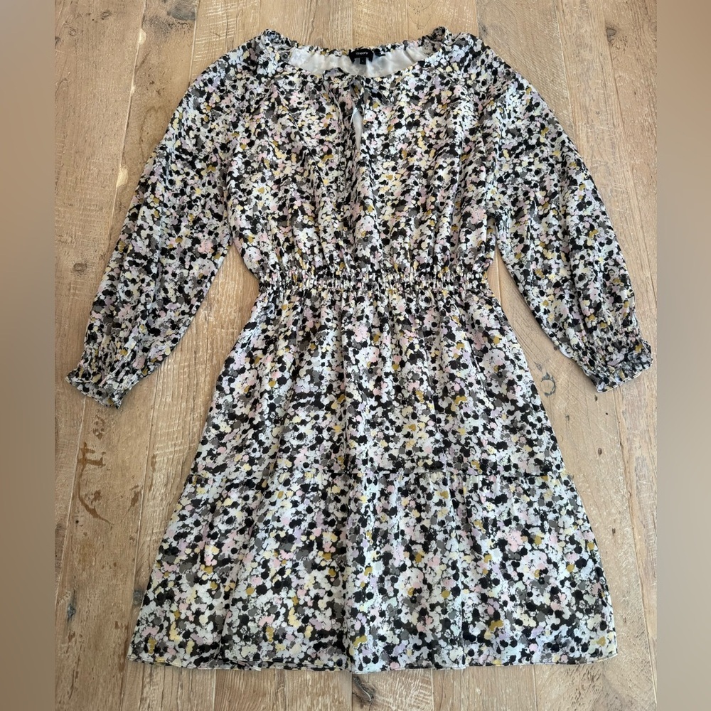 Theory Floral Long-Sleeve Elastic-Waist Dress - Black, Pink, Yellow, Cream L
